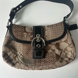 Vintage 90’s Coach Tan and Black Patchwork Shoulder Bag with classic monogram